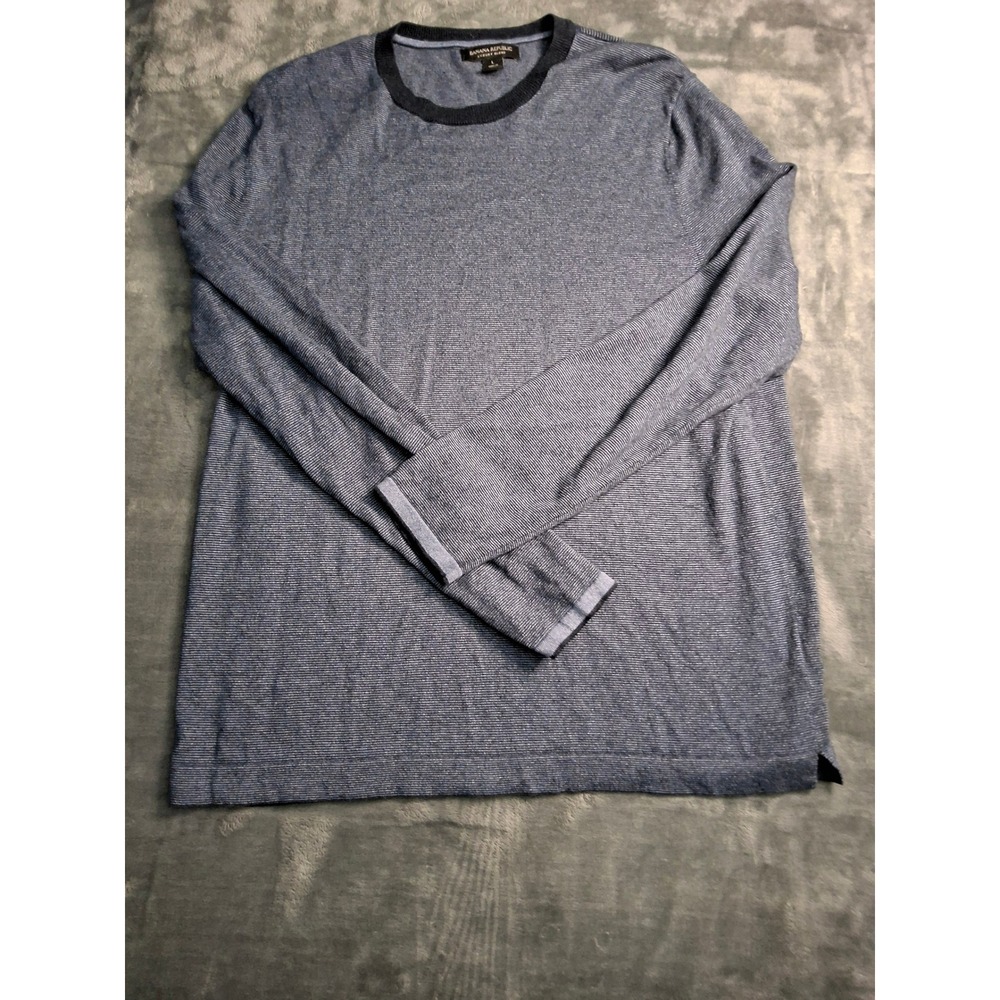 Banana Republic Mens Silk Cotton Cashmere Stripe Sweater Blue Large Luxury Blend